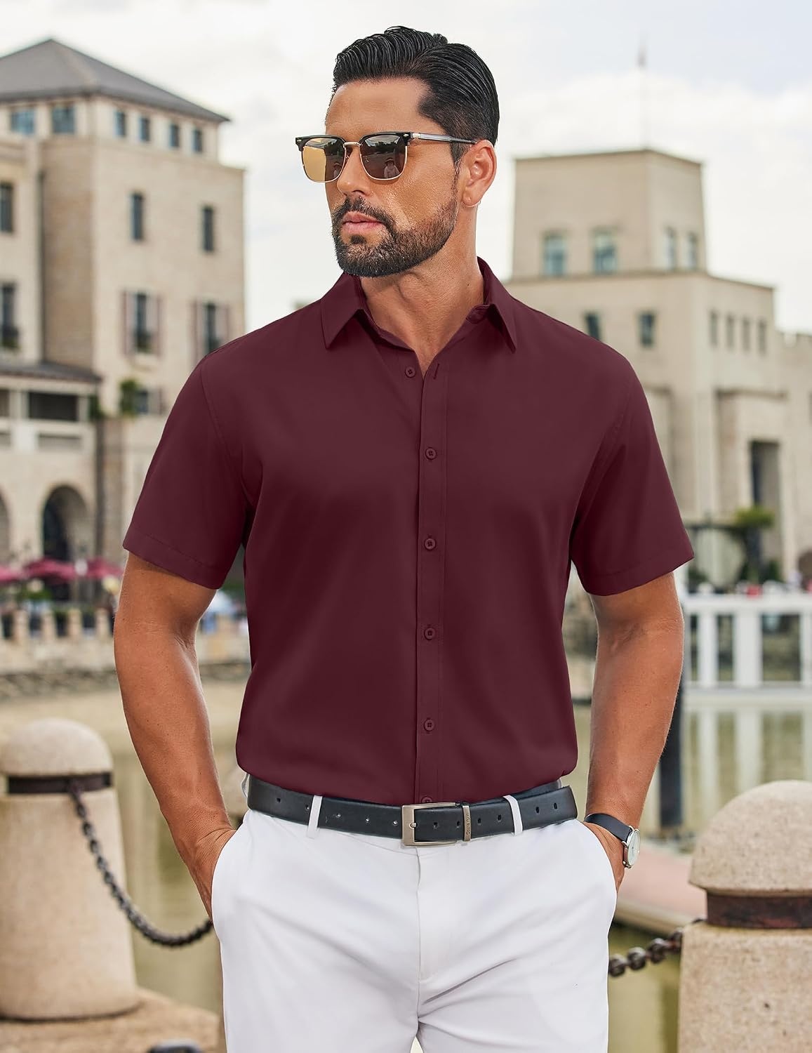 image:imageCOOFANDY Mens Button Down Shirts Short Sleeve Untucked Dress Shirt Wrinkle Free Stretch Casual Summer ShirtsWine Red