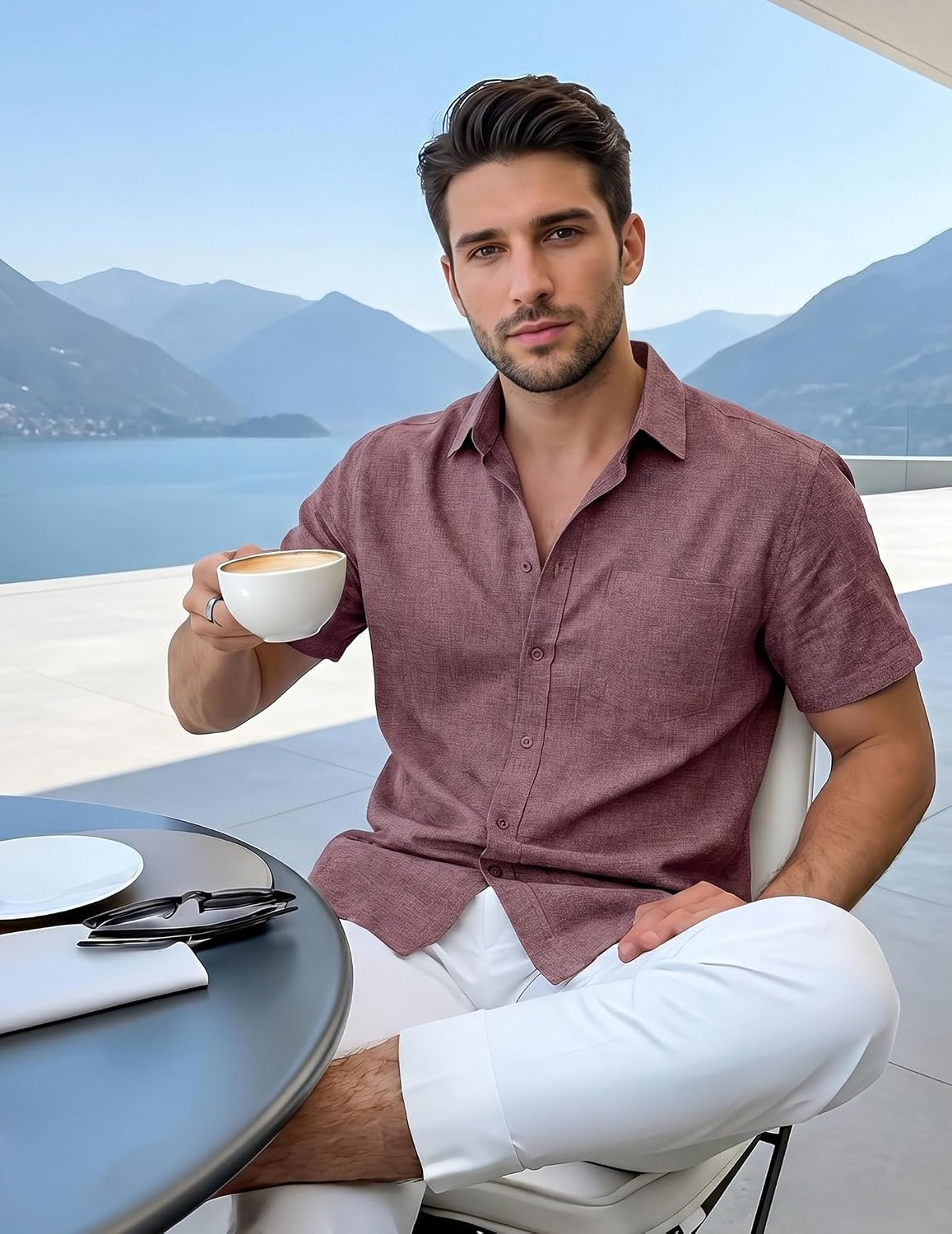 image:imageCOOFANDY Mens Casual Button Down Shirt Short Sleeve Summer Shirt for Beach Vacation Resort WearWine Red