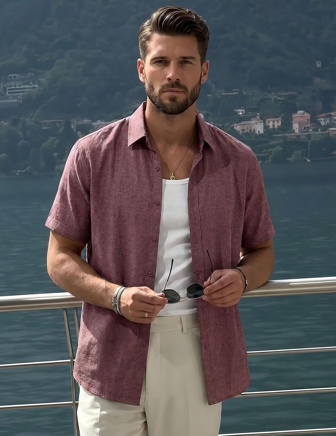 image:imageCOOFANDY Mens Casual Button Down Shirt Short Sleeve Summer Shirt for Beach Vacation Resort WearWine Red