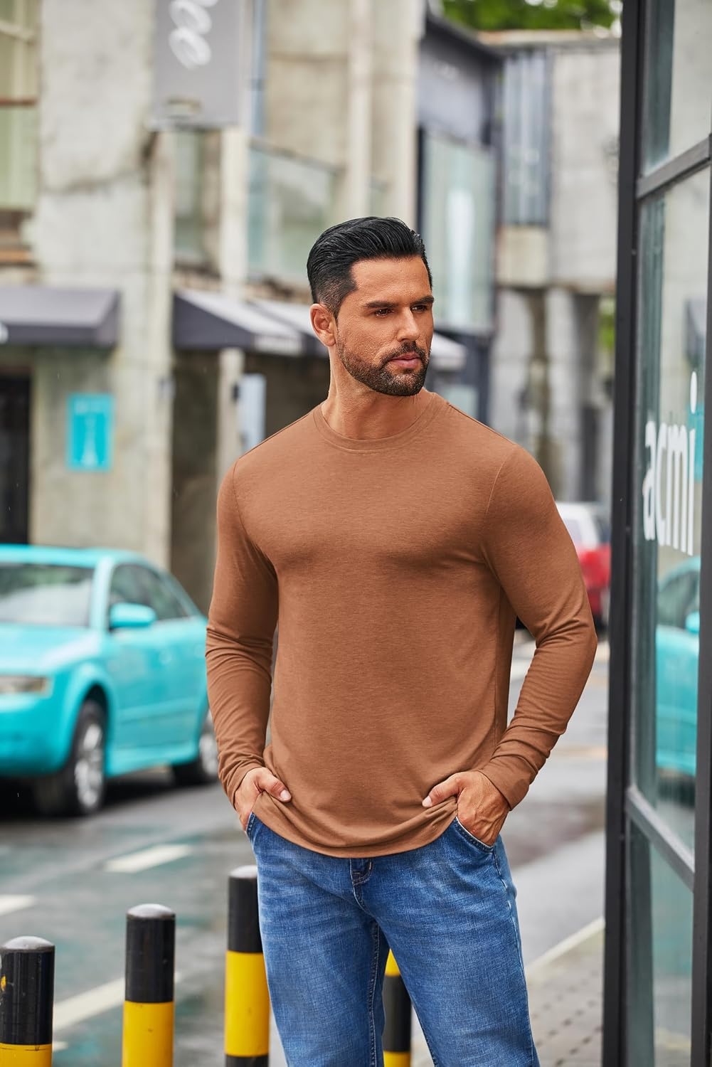 image:imageCOOFANDY Mens Crew Neck TShirt Long Sleeve Casual Pullover Tees Soft Stretch Basic Tee ShirtsCaramel