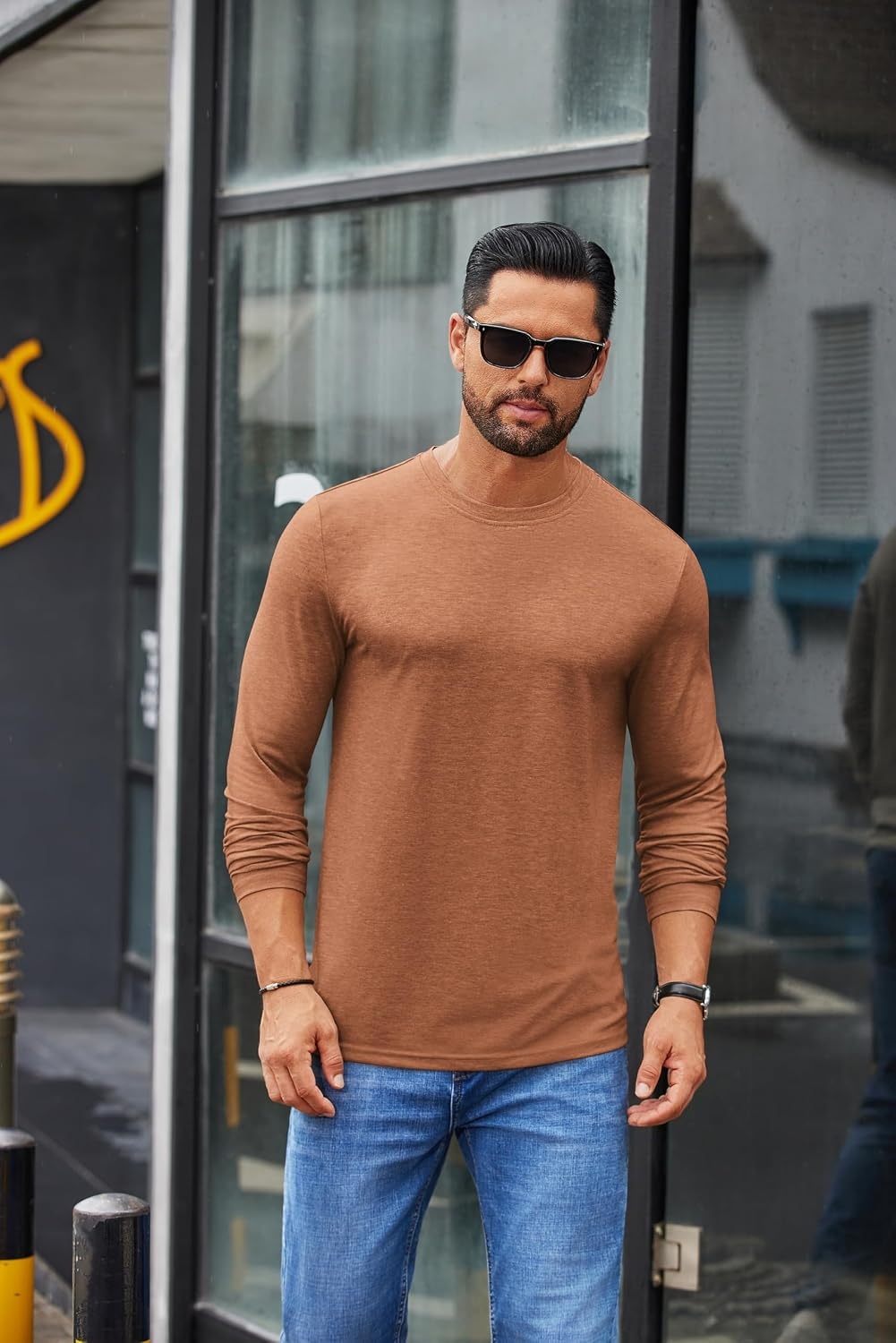 image:imageCOOFANDY Mens Crew Neck TShirt Long Sleeve Casual Pullover Tees Soft Stretch Basic Tee ShirtsCaramel