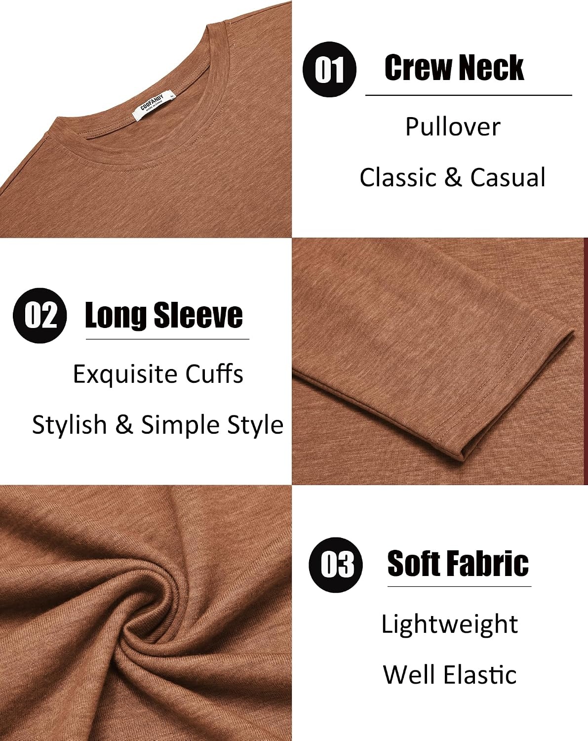 image:imageCOOFANDY Mens Crew Neck TShirt Long Sleeve Casual Pullover Tees Soft Stretch Basic Tee ShirtsCaramel