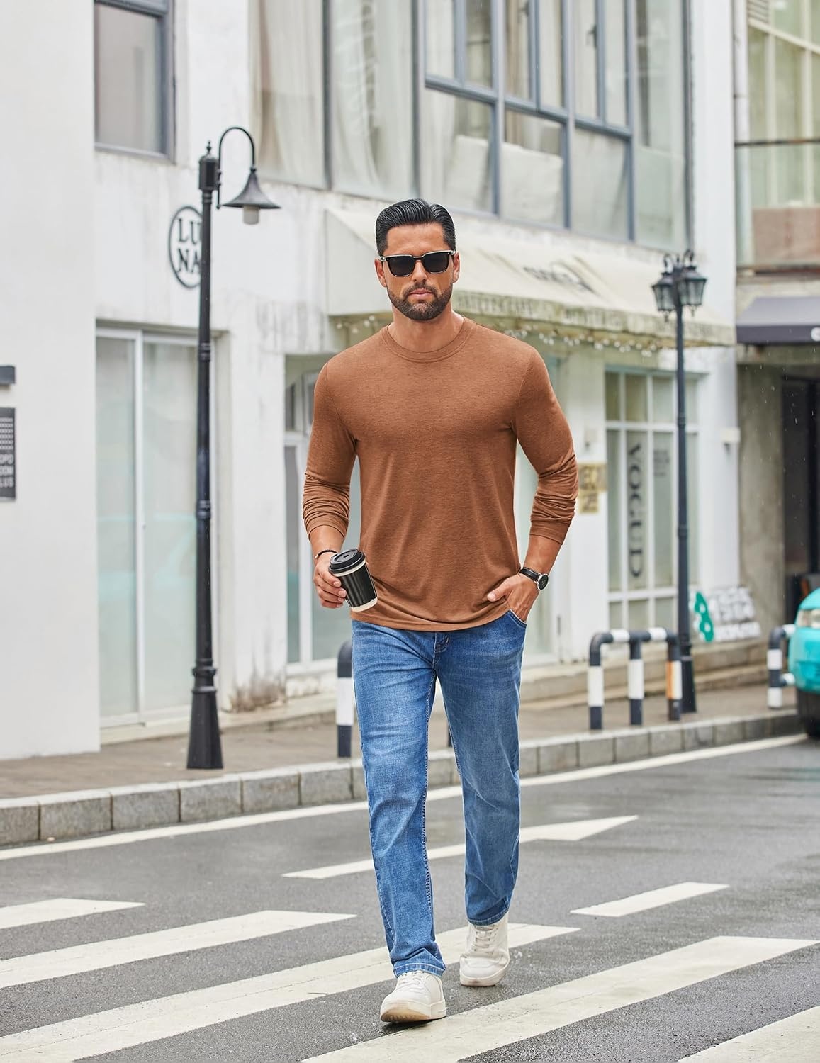 image:imageCOOFANDY Mens Crew Neck TShirt Long Sleeve Casual Pullover Tees Soft Stretch Basic Tee ShirtsCaramel