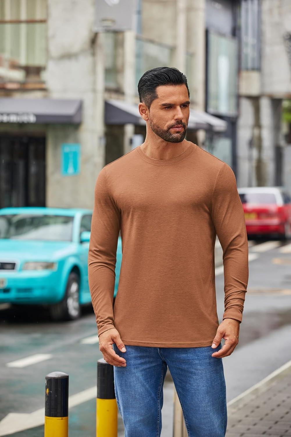 image:imageCOOFANDY Mens Crew Neck TShirt Long Sleeve Casual Pullover Tees Soft Stretch Basic Tee ShirtsCaramel