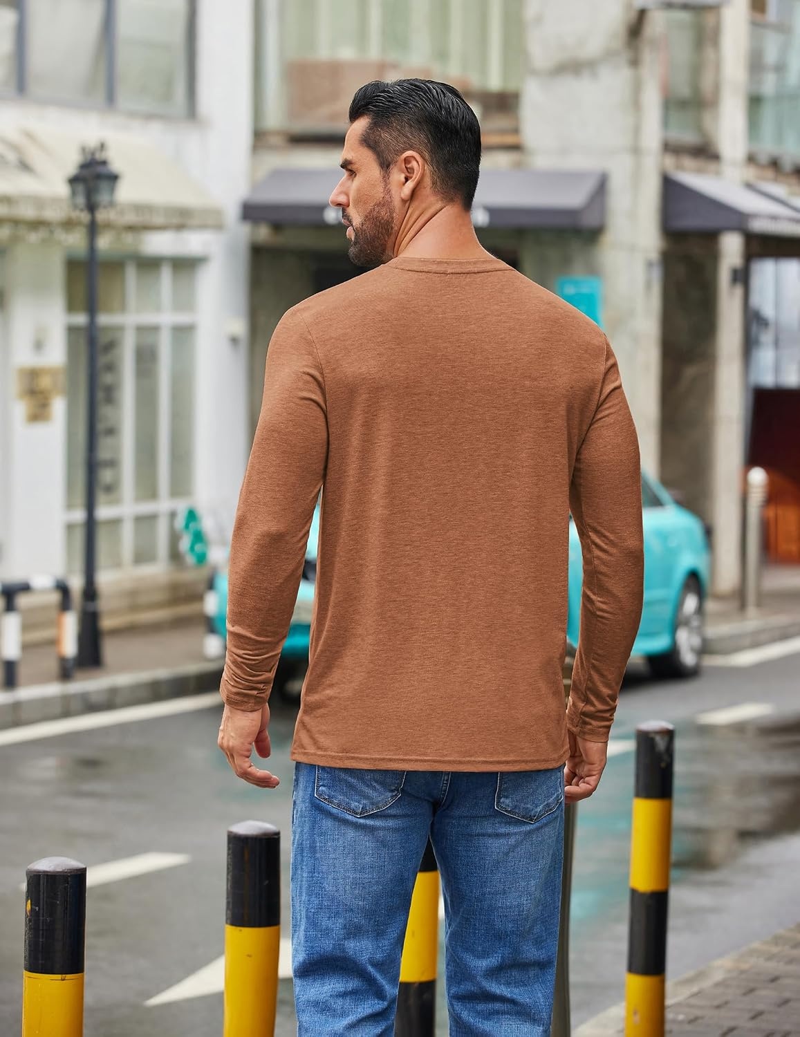 image:imageCOOFANDY Mens Crew Neck TShirt Long Sleeve Casual Pullover Tees Soft Stretch Basic Tee ShirtsCaramel