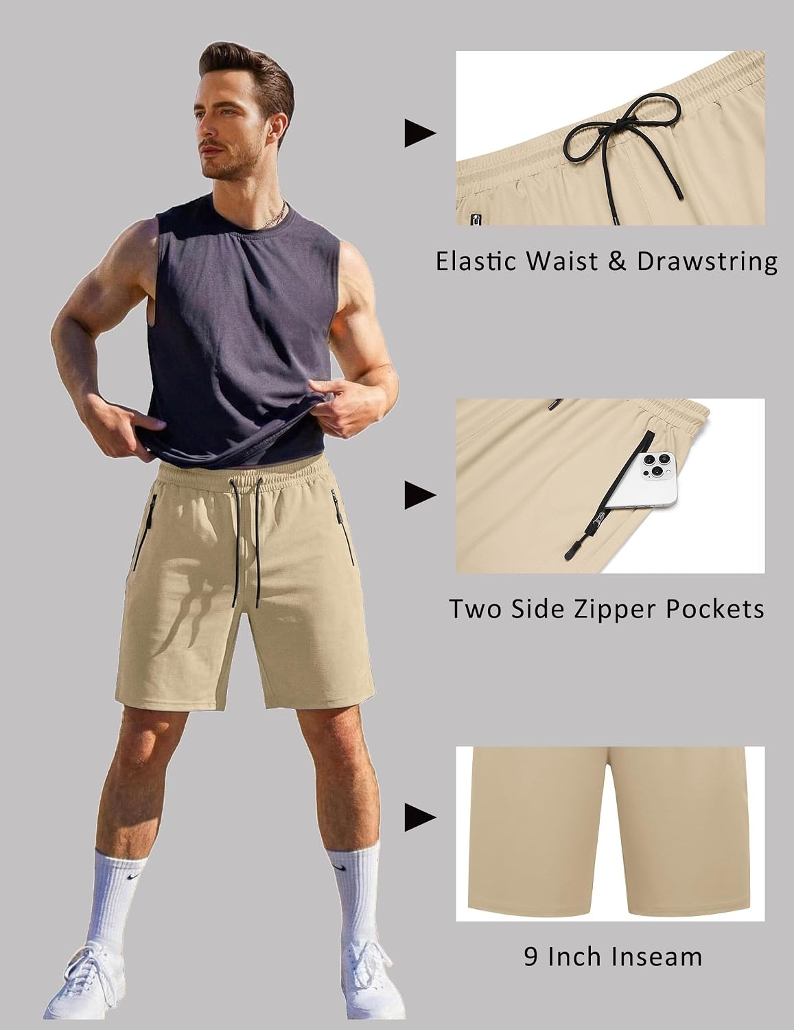 image:imageCOOFANDY Mens Gym Workout Shorts Quick Dry Athletic LooseFit Lightweight Running Shorts with Zipper PocketsBeige