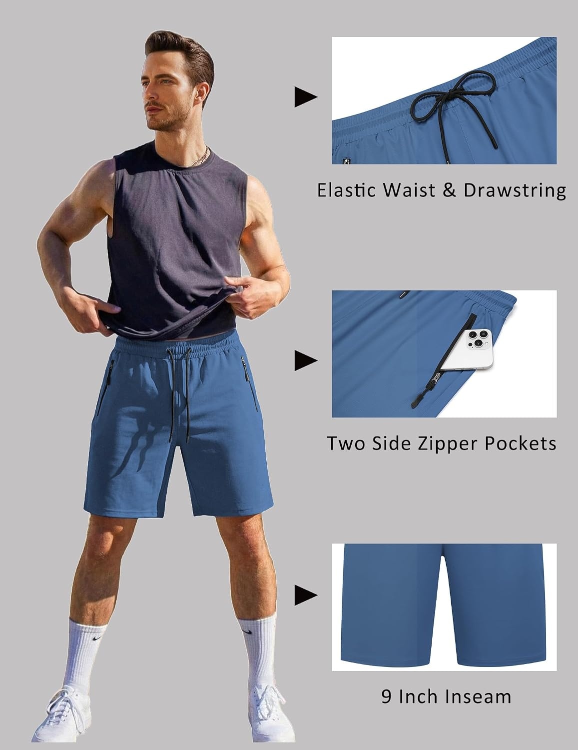 image:imageCOOFANDY Mens Gym Workout Shorts Quick Dry Athletic LooseFit Lightweight Running Shorts with Zipper PocketsDark Blue