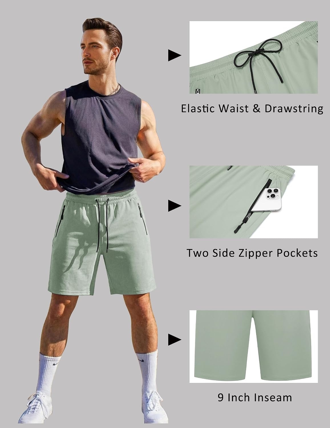 image:imageCOOFANDY Mens Gym Workout Shorts Quick Dry Athletic LooseFit Lightweight Running Shorts with Zipper PocketsLight Green