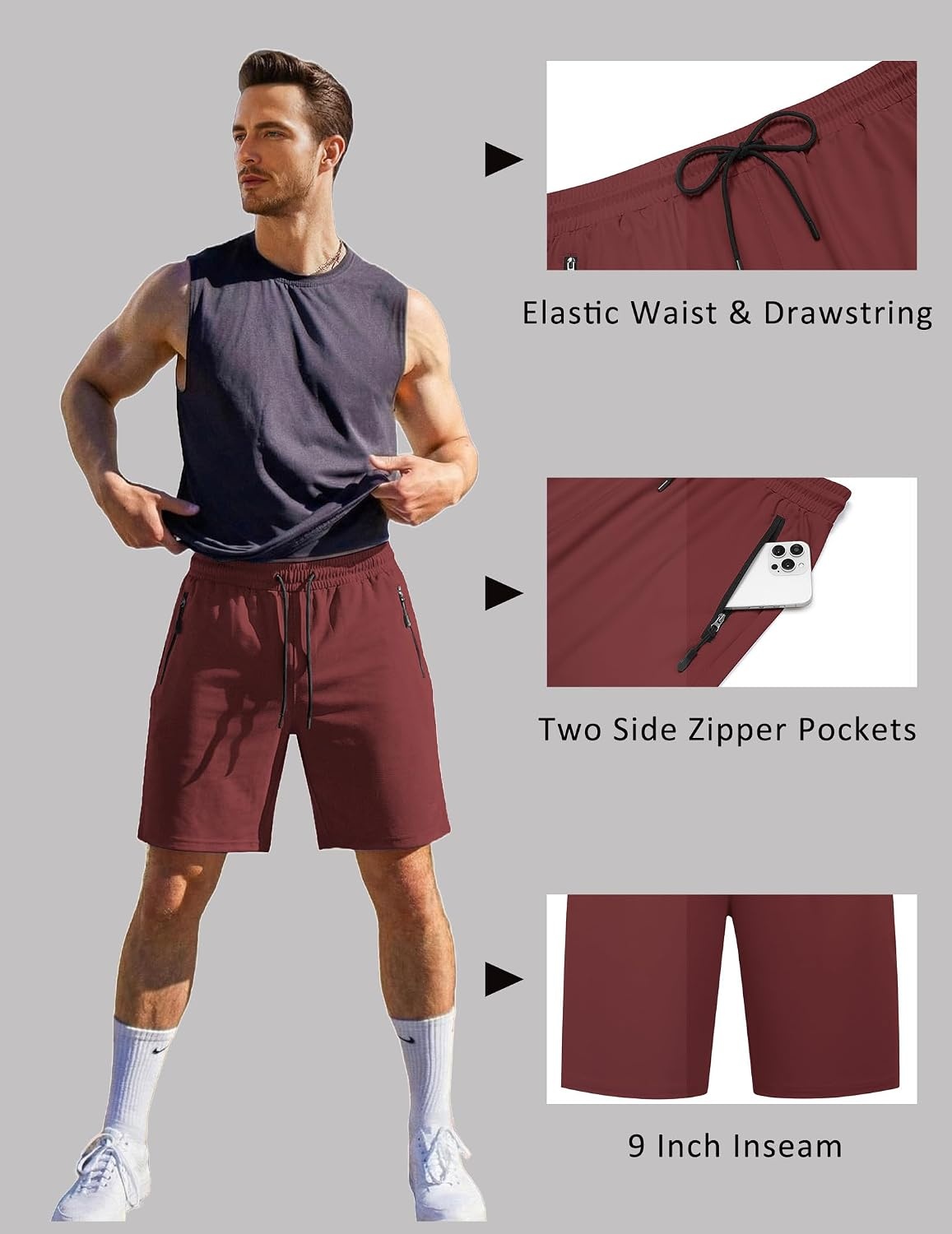 image:imageCOOFANDY Mens Gym Workout Shorts Quick Dry Athletic LooseFit Lightweight Running Shorts with Zipper PocketsWine Red