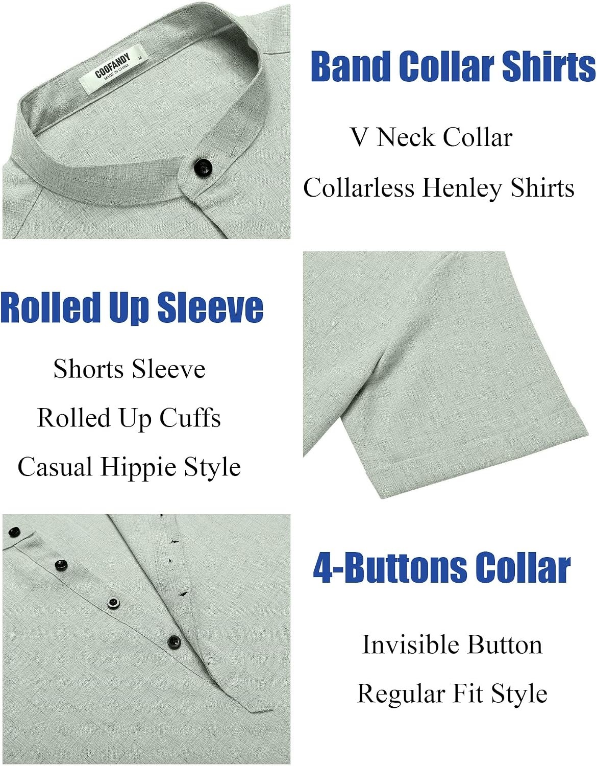 image:imageCOOFANDY Mens Linen Henley Shirt Short Sleeve Casual Summer Beach Hippie T Shirts2light Green