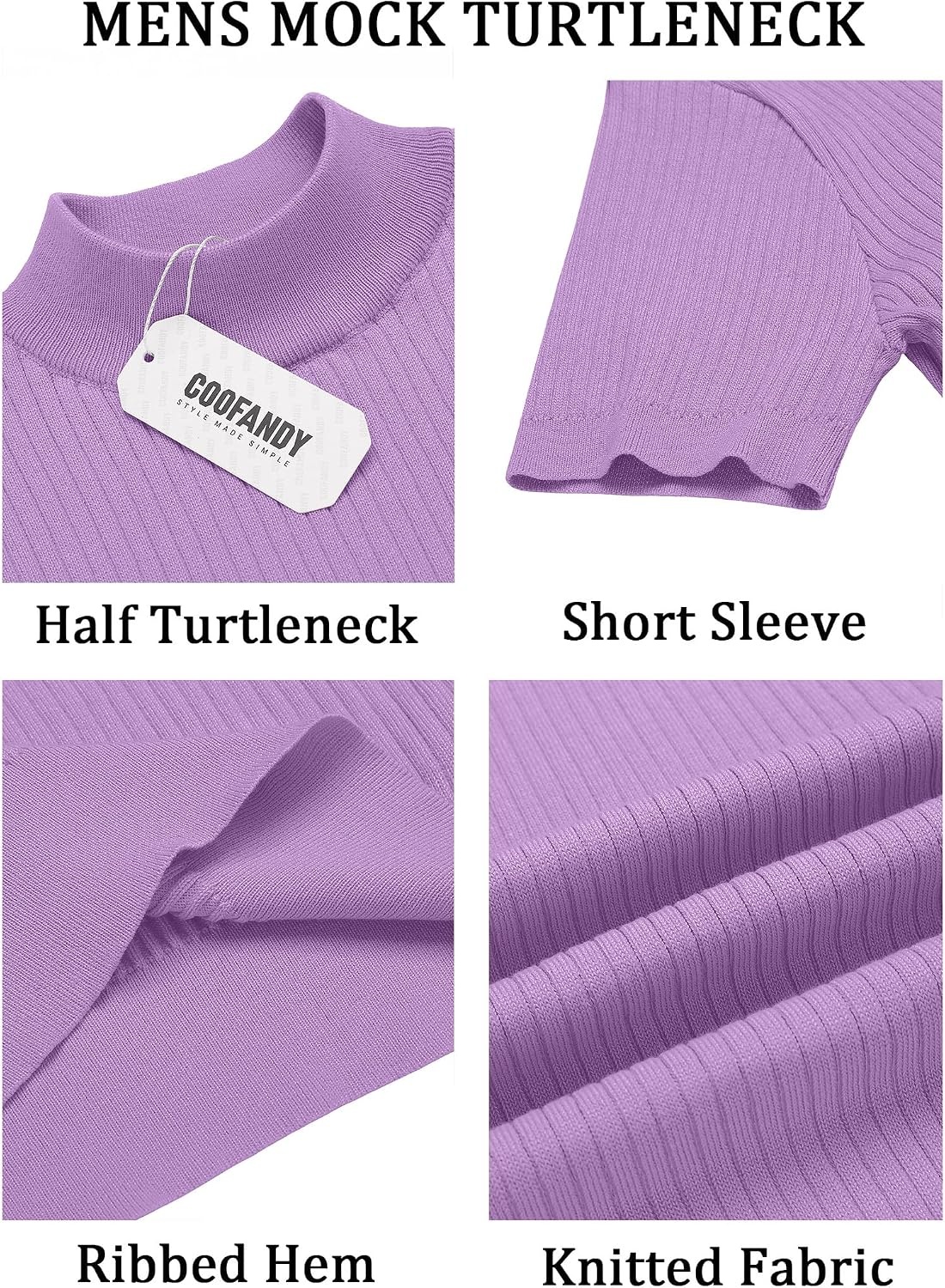 image:imageCOOFANDY Mens Mock Turtleneck Sweater Short Sleeve Casual Basic Tops Ribbed Knit Pullover Solid TeeLight Purple
