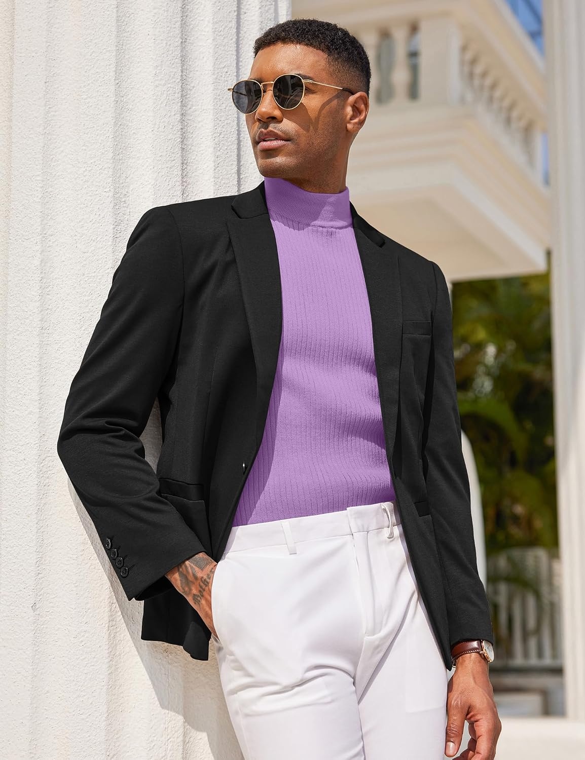 image:imageCOOFANDY Mens Mock Turtleneck Sweater Short Sleeve Casual Basic Tops Ribbed Knit Pullover Solid TeeLight Purple