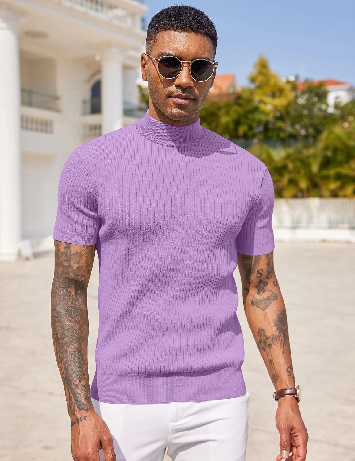 image:imageCOOFANDY Mens Mock Turtleneck Sweater Short Sleeve Casual Basic Tops Ribbed Knit Pullover Solid TeeLight Purple