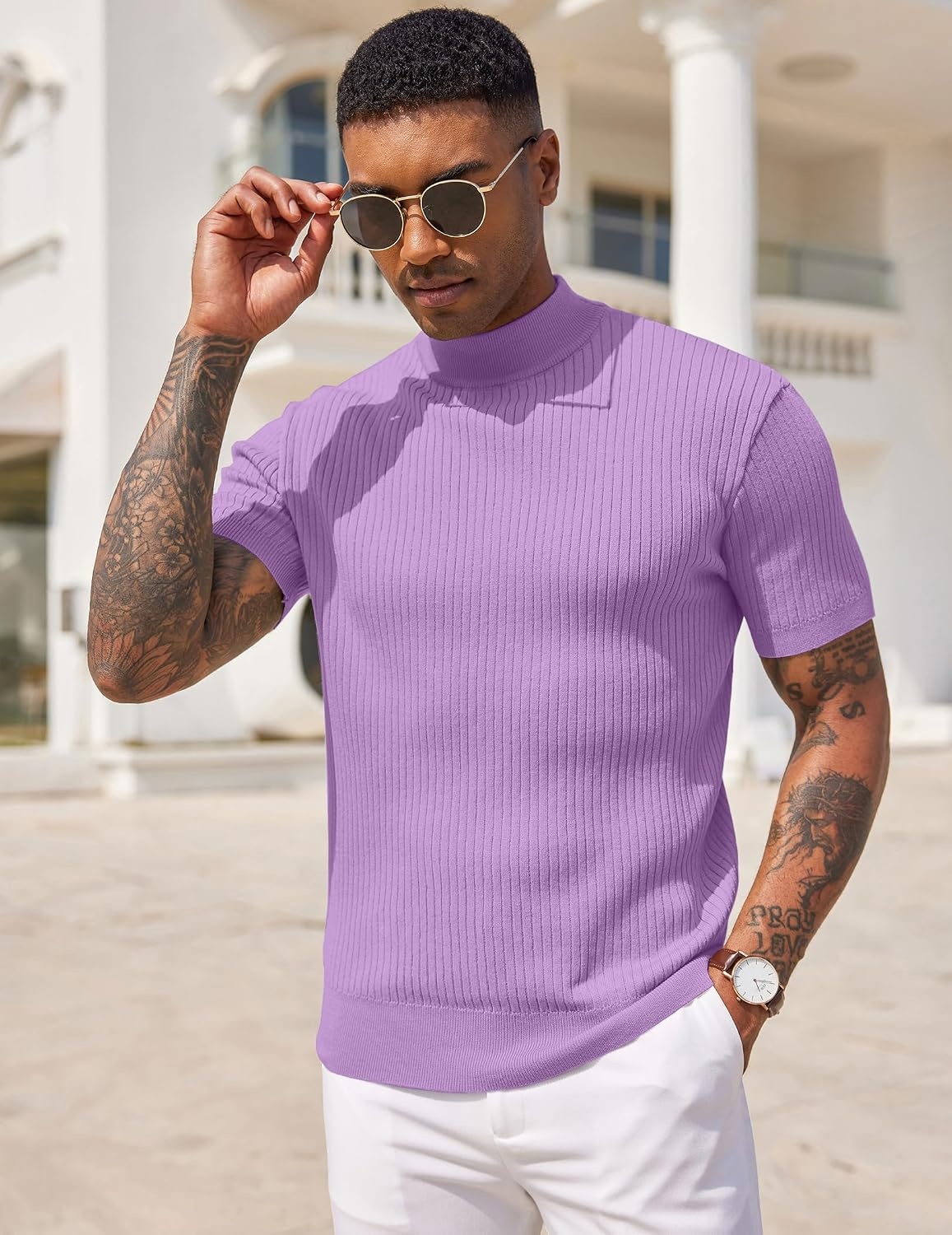image:imageCOOFANDY Mens Mock Turtleneck Sweater Short Sleeve Casual Basic Tops Ribbed Knit Pullover Solid TeeLight Purple