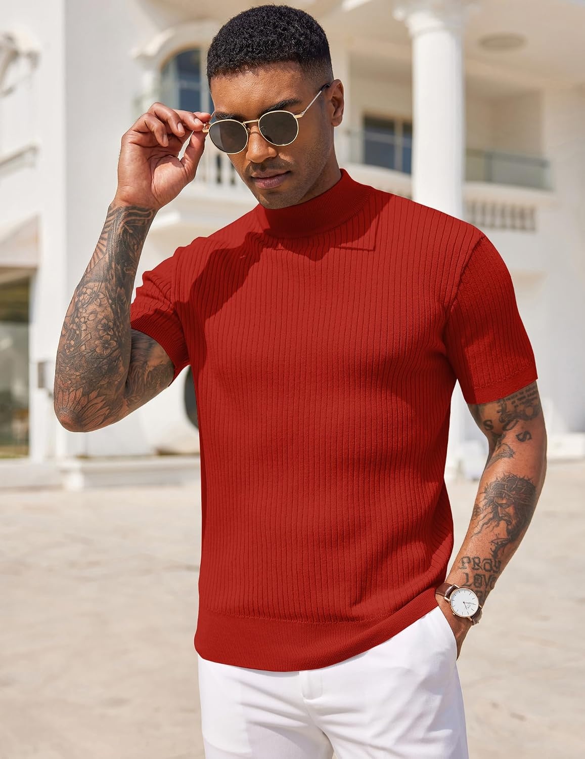 image:imageCOOFANDY Mens Mock Turtleneck Sweater Short Sleeve Casual Basic Tops Ribbed Knit Pullover Solid TeeRed