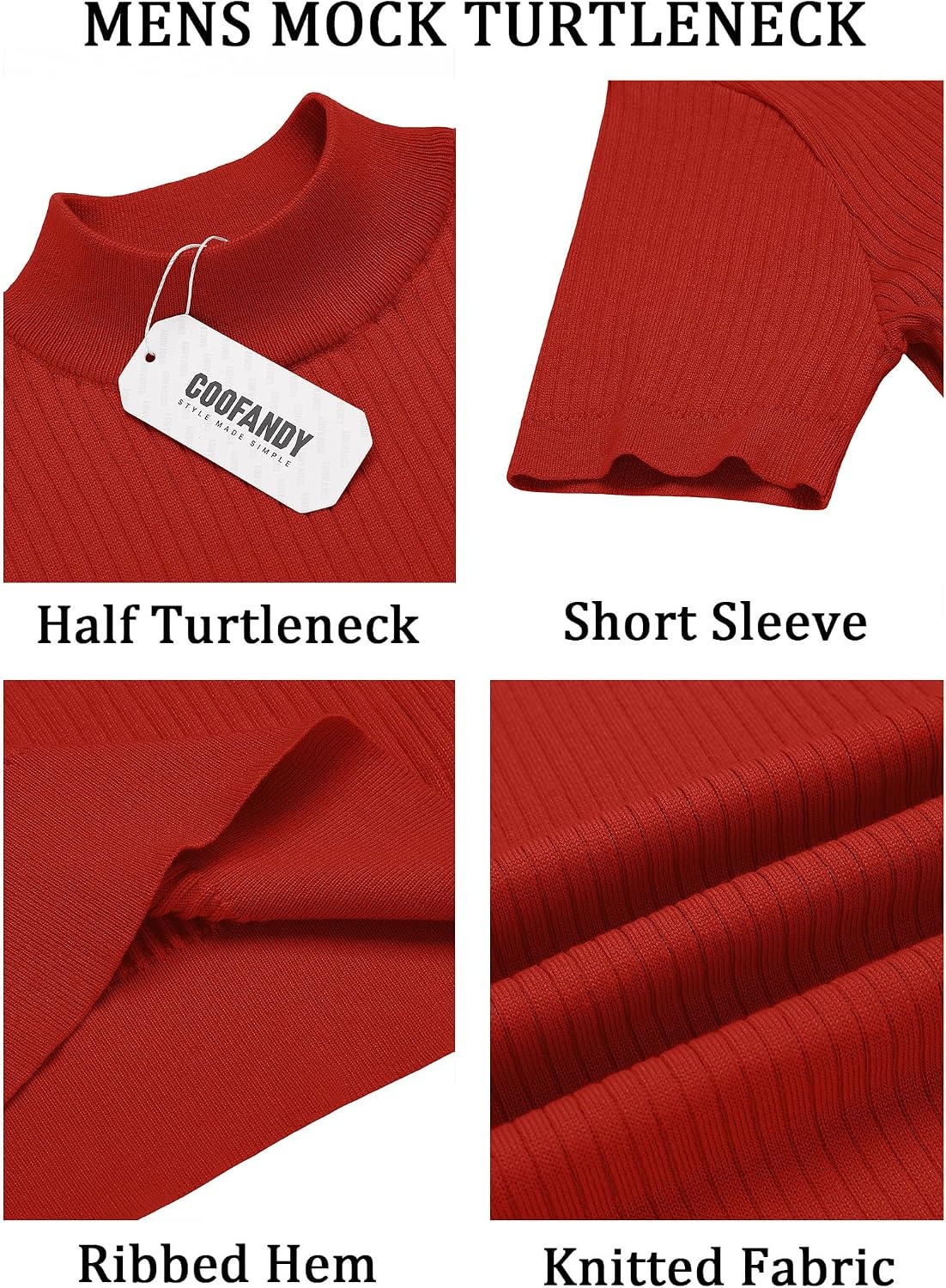 image:imageCOOFANDY Mens Mock Turtleneck Sweater Short Sleeve Casual Basic Tops Ribbed Knit Pullover Solid TeeRed