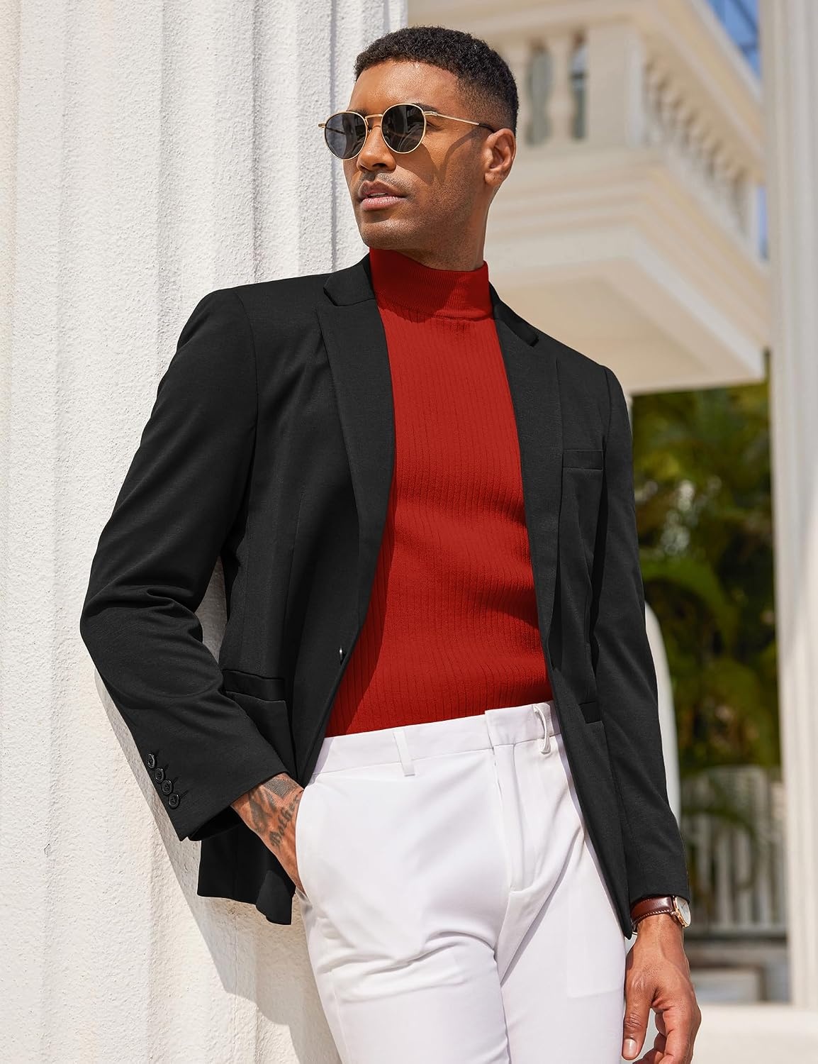 image:imageCOOFANDY Mens Mock Turtleneck Sweater Short Sleeve Casual Basic Tops Ribbed Knit Pullover Solid TeeRed