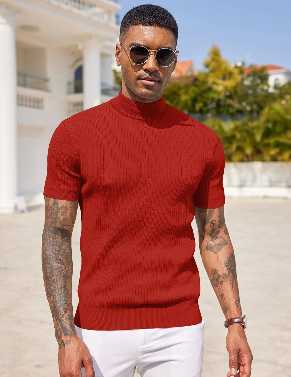 image:imageCOOFANDY Mens Mock Turtleneck Sweater Short Sleeve Casual Basic Tops Ribbed Knit Pullover Solid TeeRed