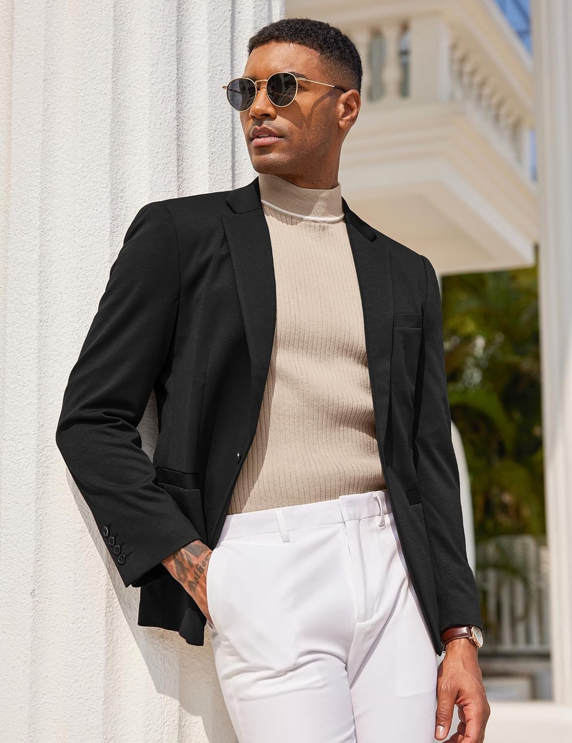 image:imageCOOFANDY Mens Mock Turtleneck Sweater Short Sleeve Casual Basic Tops Ribbed Knit Pullover Solid TeeStriped Beige