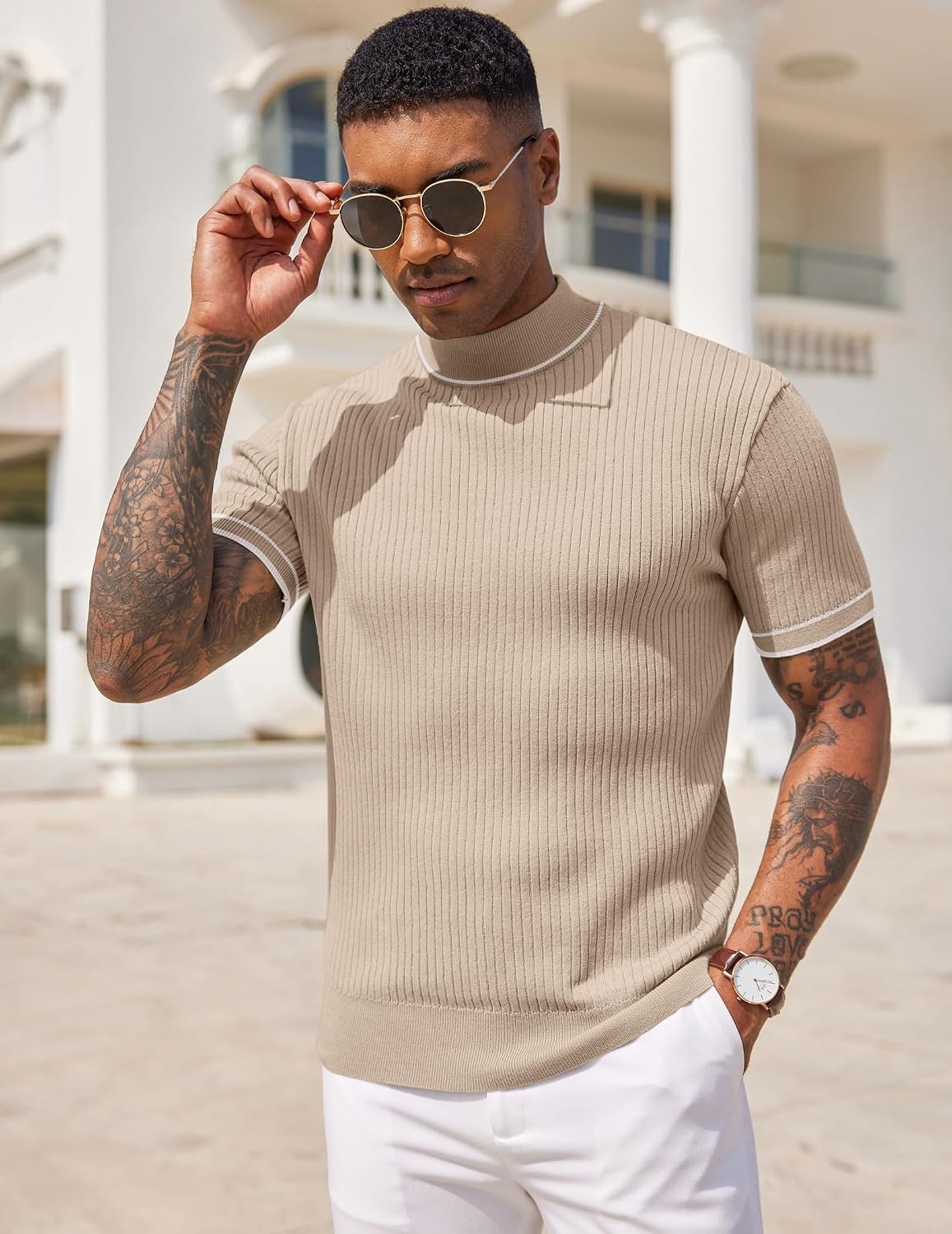 image:imageCOOFANDY Mens Mock Turtleneck Sweater Short Sleeve Casual Basic Tops Ribbed Knit Pullover Solid TeeStriped Beige