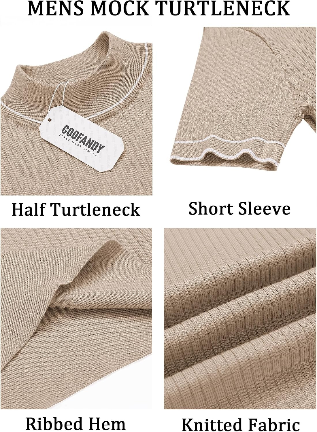 image:imageCOOFANDY Mens Mock Turtleneck Sweater Short Sleeve Casual Basic Tops Ribbed Knit Pullover Solid TeeStriped Beige