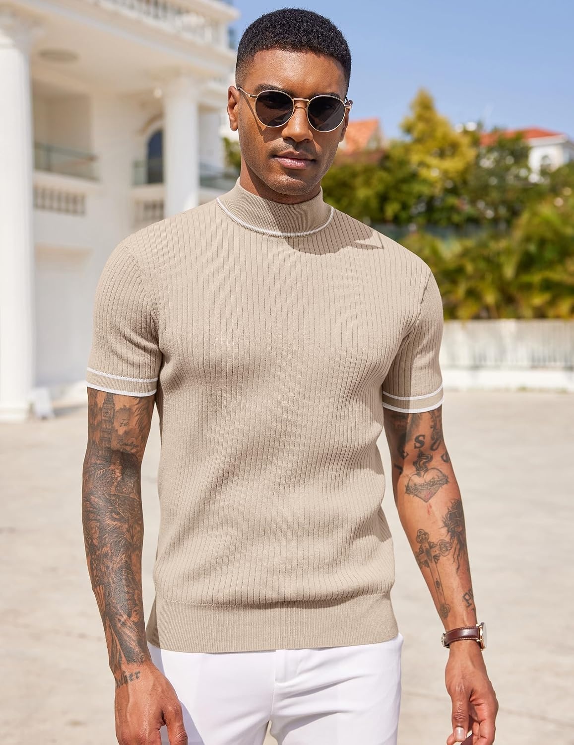 image:imageCOOFANDY Mens Mock Turtleneck Sweater Short Sleeve Casual Basic Tops Ribbed Knit Pullover Solid TeeStriped Beige