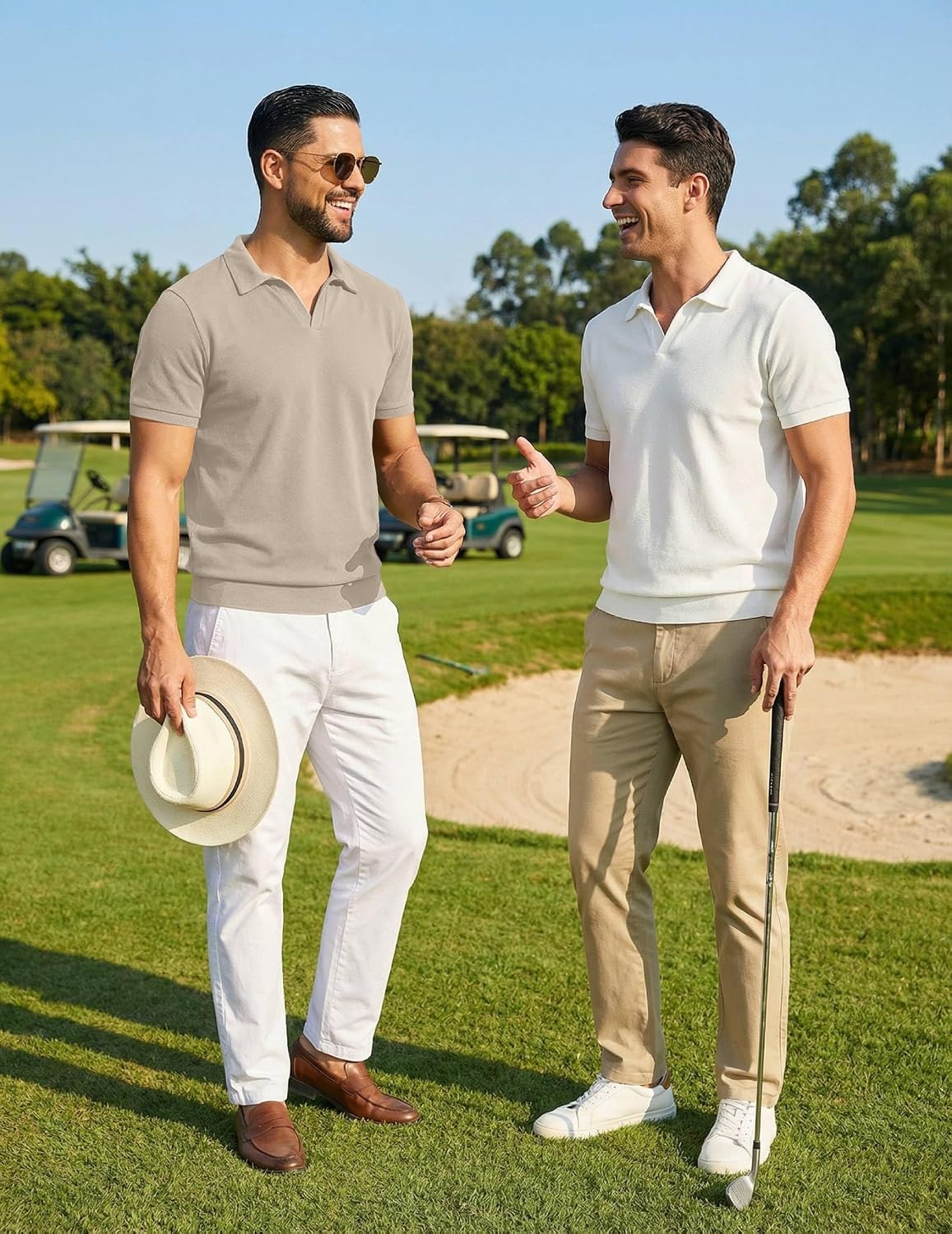 image:imageCOOFANDY Mens Polo Sweater Casual V Neck Summer Short Sleeve Beach Vacation Tops Cotton Collared Dress Work Golf SweaterBeige