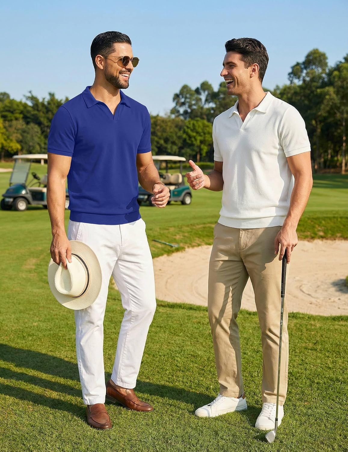 image:imageCOOFANDY Mens Polo Sweater Casual V Neck Summer Short Sleeve Beach Vacation Tops Cotton Collared Dress Work Golf SweaterBlue