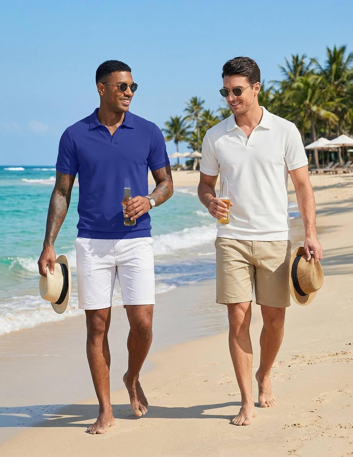 image:imageCOOFANDY Mens Polo Sweater Casual V Neck Summer Short Sleeve Beach Vacation Tops Cotton Collared Dress Work Golf SweaterBlue