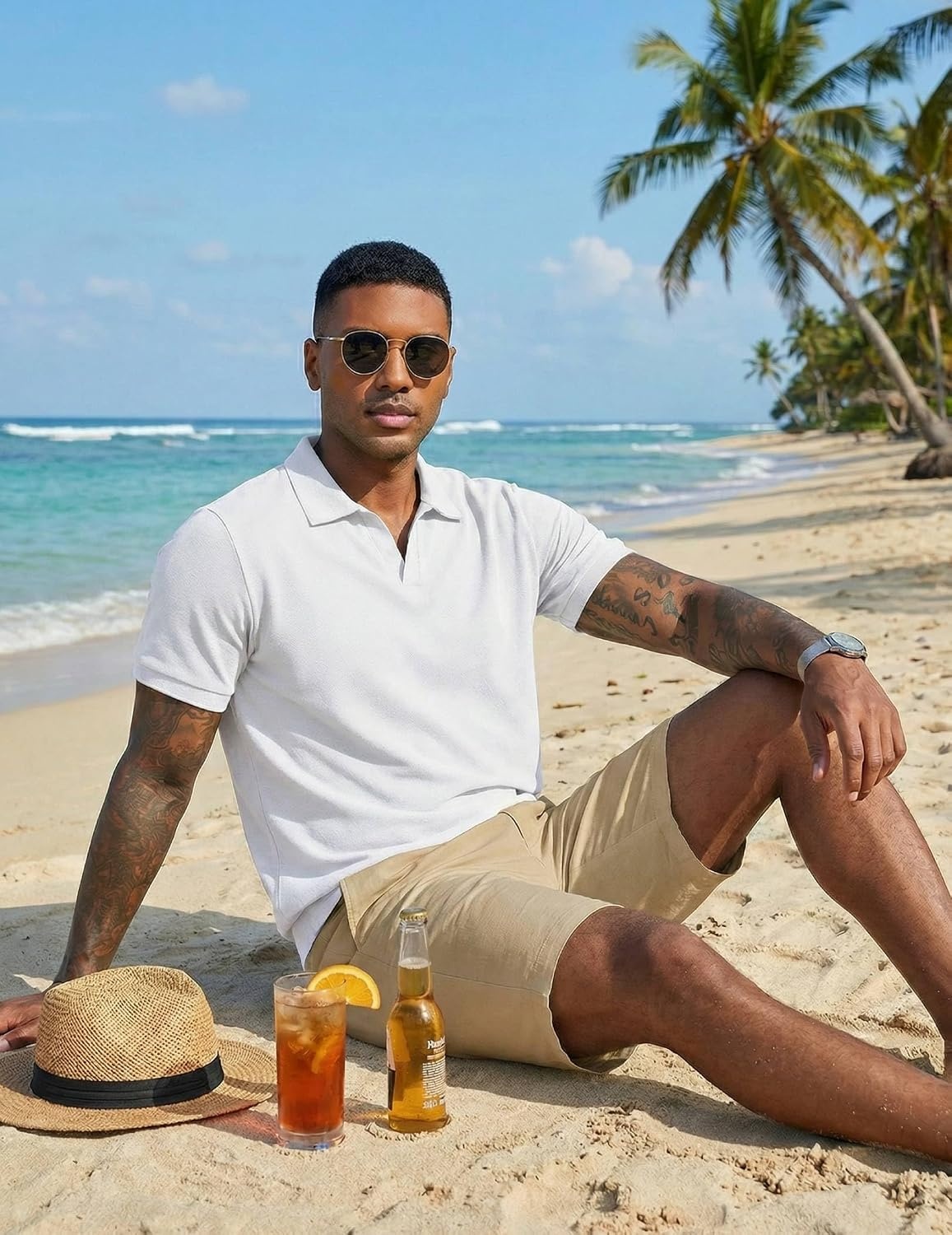 image:imageCOOFANDY Mens Polo Sweater Casual V Neck Summer Short Sleeve Beach Vacation Tops Cotton Collared Dress Work Golf SweaterWhite
