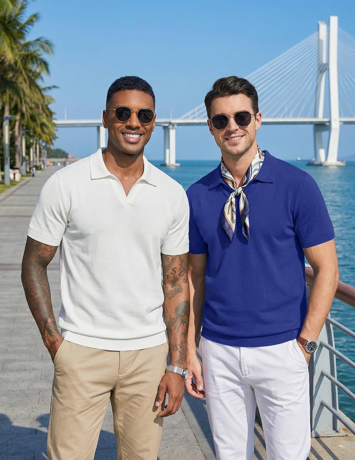 image:imageCOOFANDY Mens Polo Sweater Casual V Neck Summer Short Sleeve Beach Vacation Tops Cotton Collared Dress Work Golf SweaterWhite
