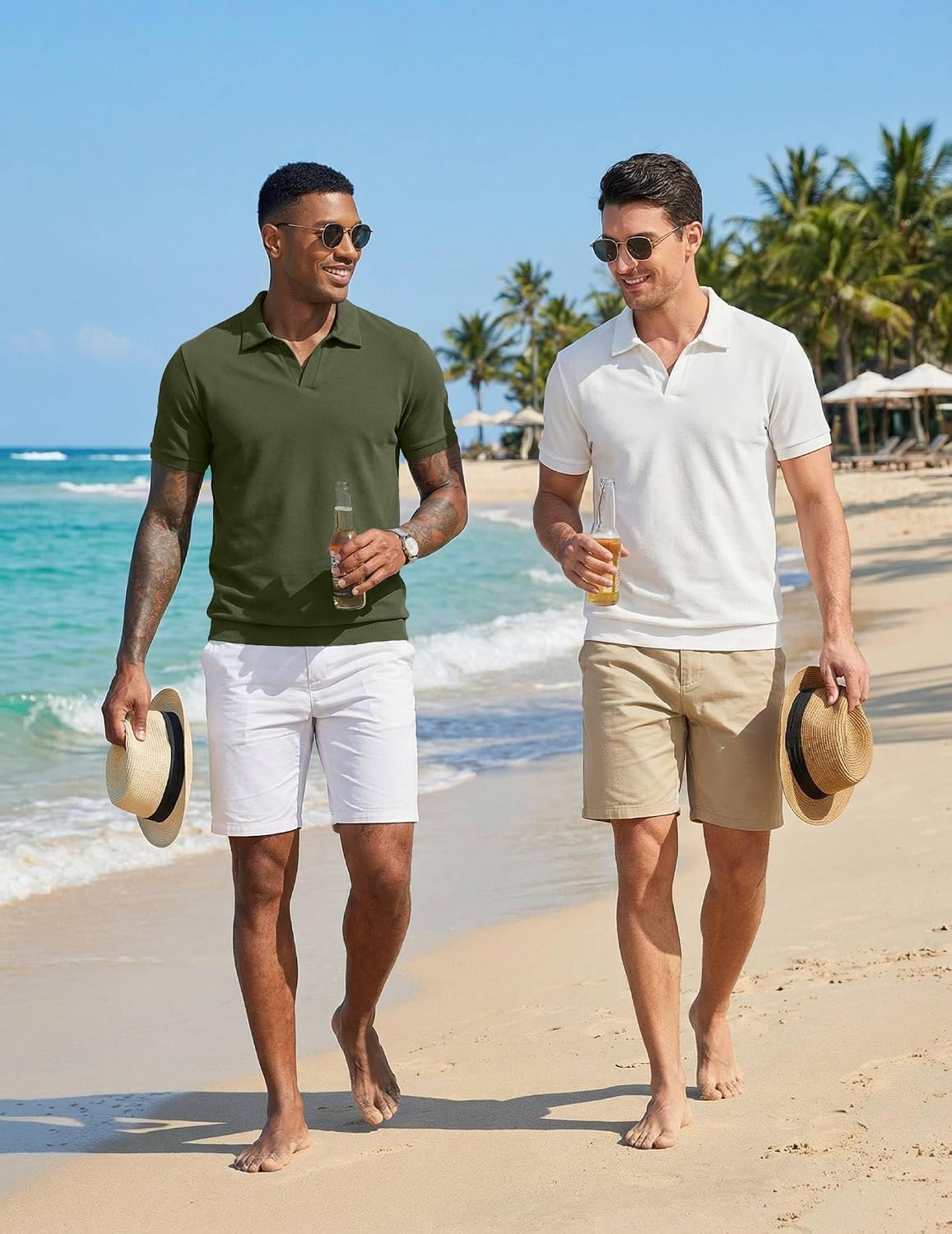 image:imageCOOFANDY Mens Polo Sweater Casual V Neck Summer Short Sleeve Beach Vacation Tops Cotton Collared Dress Work Golf SweaterWhite
