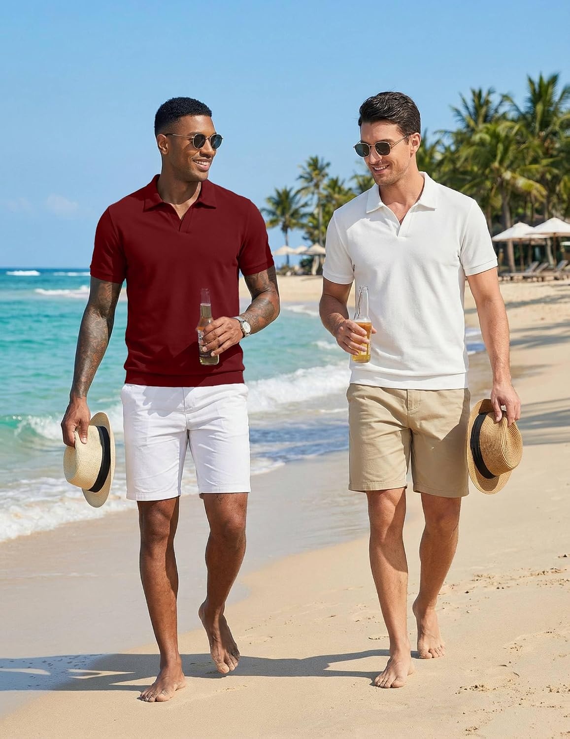 image:imageCOOFANDY Mens Polo Sweater Casual V Neck Summer Short Sleeve Beach Vacation Tops Cotton Collared Dress Work Golf SweaterWine Red