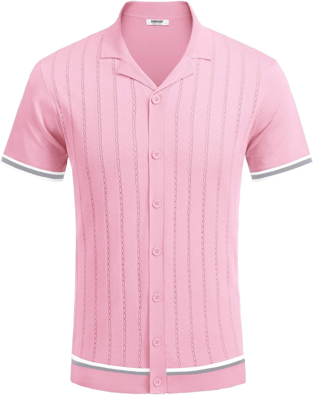 image:imageCOOFANDY Mens Short Sleeve Knit Shirt Casual Button Down Shirt Vintage Striped Knitted Golf Beach TopsCoral Pink