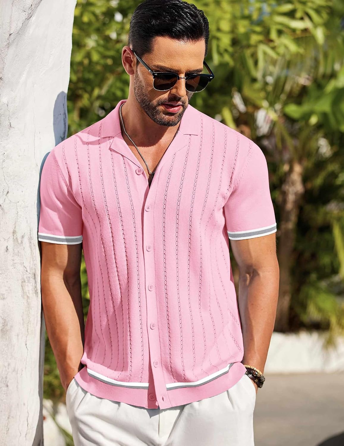 image:imageCOOFANDY Mens Short Sleeve Knit Shirt Casual Button Down Shirt Vintage Striped Knitted Golf Beach TopsCoral Pink