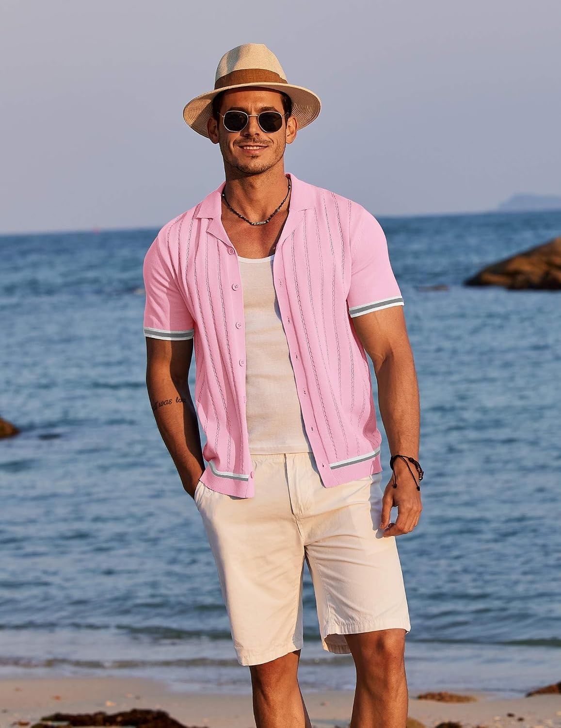 image:imageCOOFANDY Mens Short Sleeve Knit Shirt Casual Button Down Shirt Vintage Striped Knitted Golf Beach TopsCoral Pink