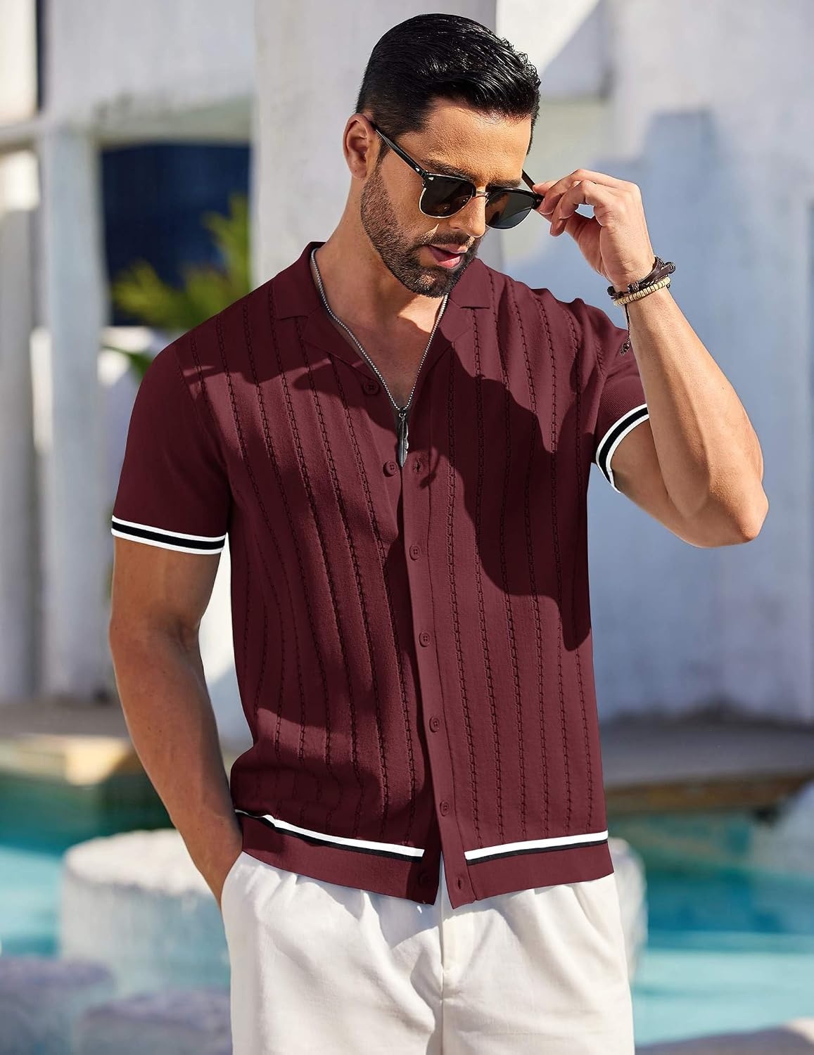 image:imageCOOFANDY Mens Short Sleeve Knit Shirt Casual Button Down Shirt Vintage Striped Knitted Golf Beach TopsDark Red