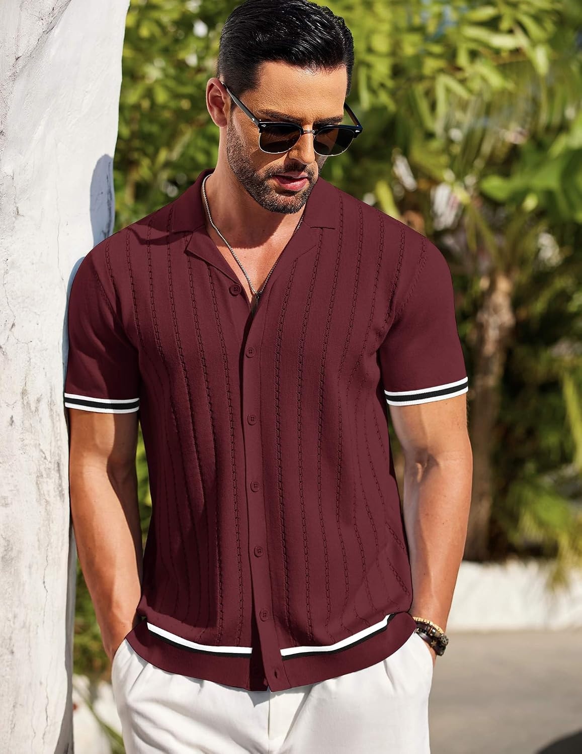 image:imageCOOFANDY Mens Short Sleeve Knit Shirt Casual Button Down Shirt Vintage Striped Knitted Golf Beach TopsDark Red
