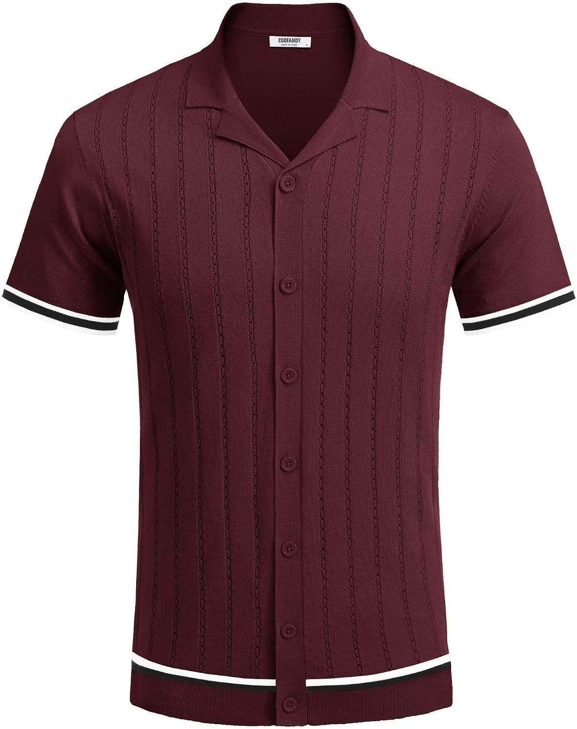 image:imageCOOFANDY Mens Short Sleeve Knit Shirt Casual Button Down Shirt Vintage Striped Knitted Golf Beach TopsDark Red