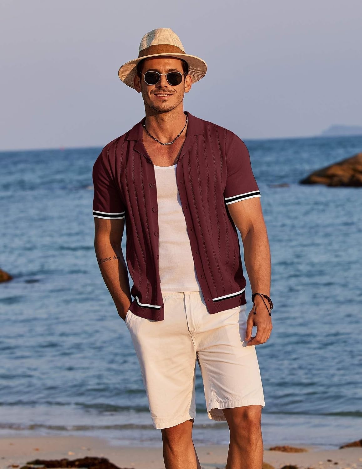 image:imageCOOFANDY Mens Short Sleeve Knit Shirt Casual Button Down Shirt Vintage Striped Knitted Golf Beach TopsDark Red