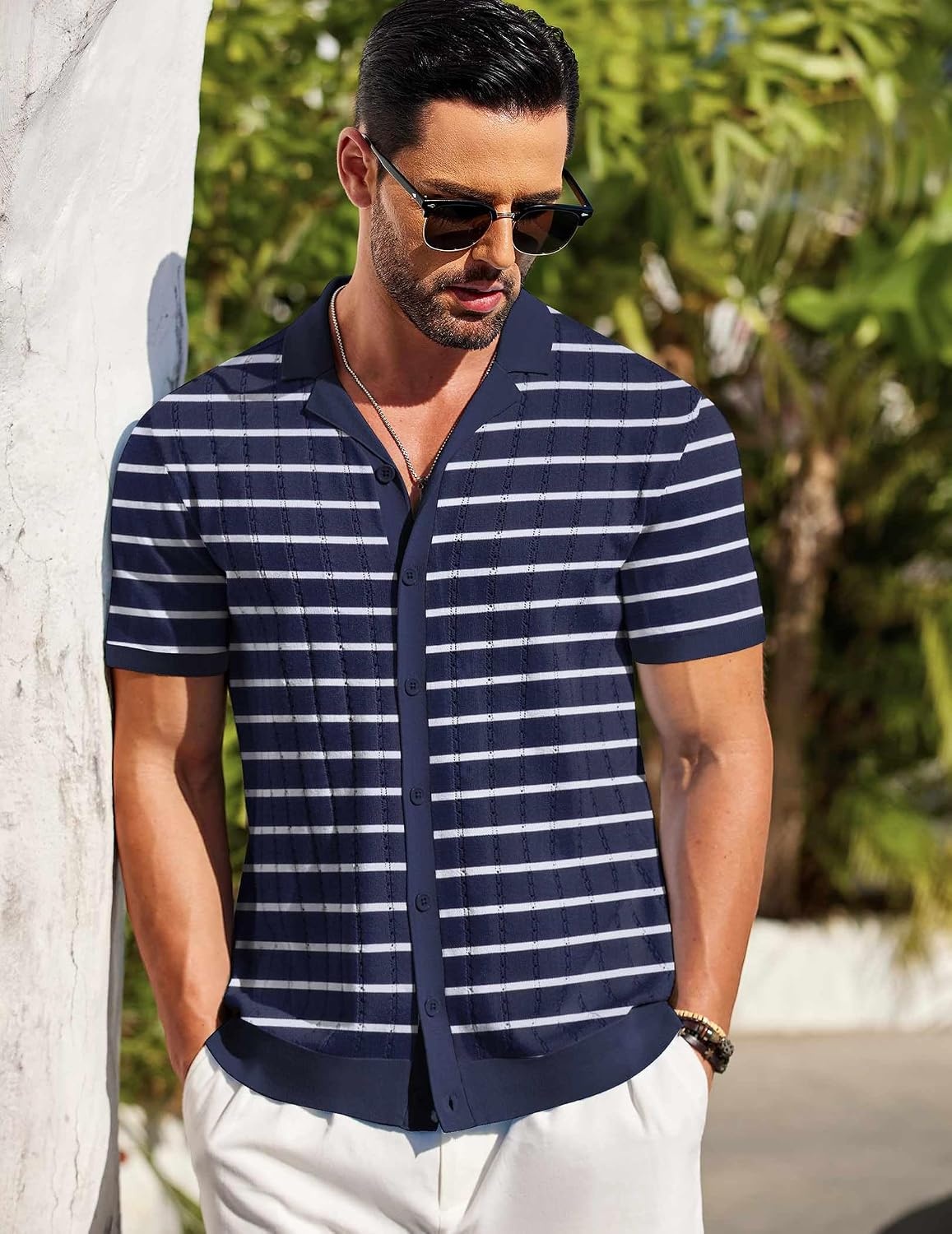 image:imageCOOFANDY Mens Short Sleeve Knit Shirt Casual Button Down Shirt Vintage Striped Knitted Golf Beach TopsTz377