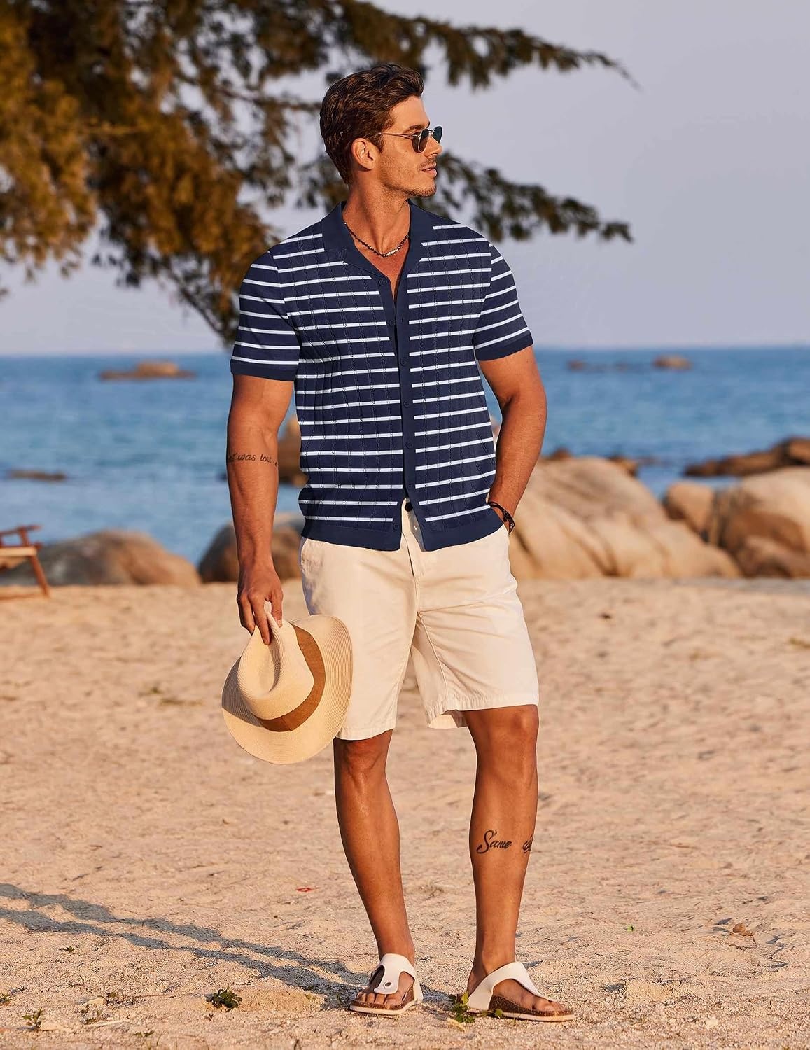 image:imageCOOFANDY Mens Short Sleeve Knit Shirt Casual Button Down Shirt Vintage Striped Knitted Golf Beach TopsTz377