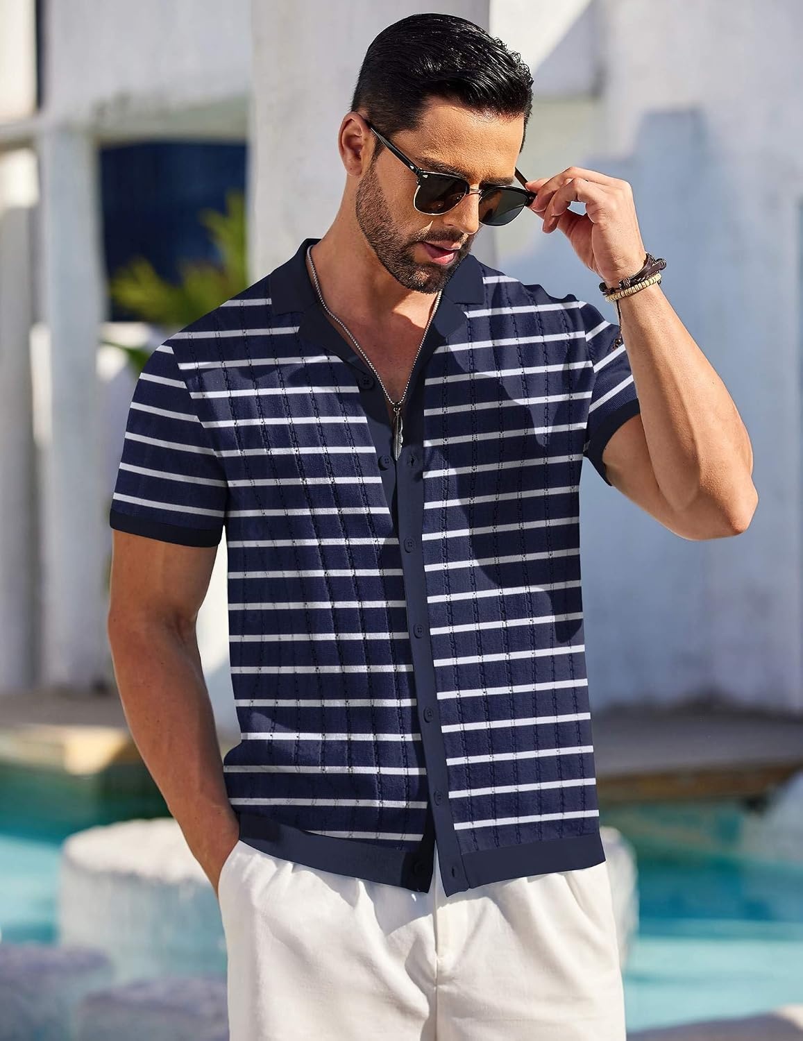 image:imageCOOFANDY Mens Short Sleeve Knit Shirt Casual Button Down Shirt Vintage Striped Knitted Golf Beach TopsTz377