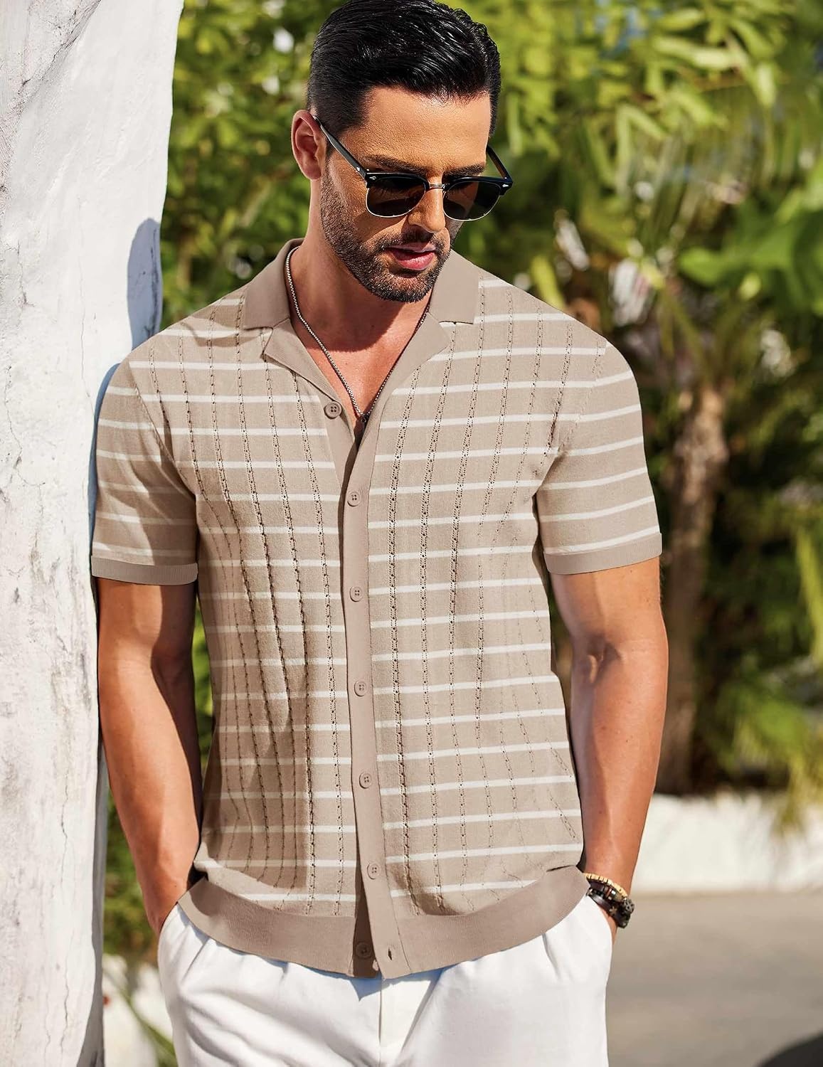 image:imageCOOFANDY Mens Short Sleeve Knit Shirt Casual Button Down Shirt Vintage Striped Knitted Golf Beach TopsTz389