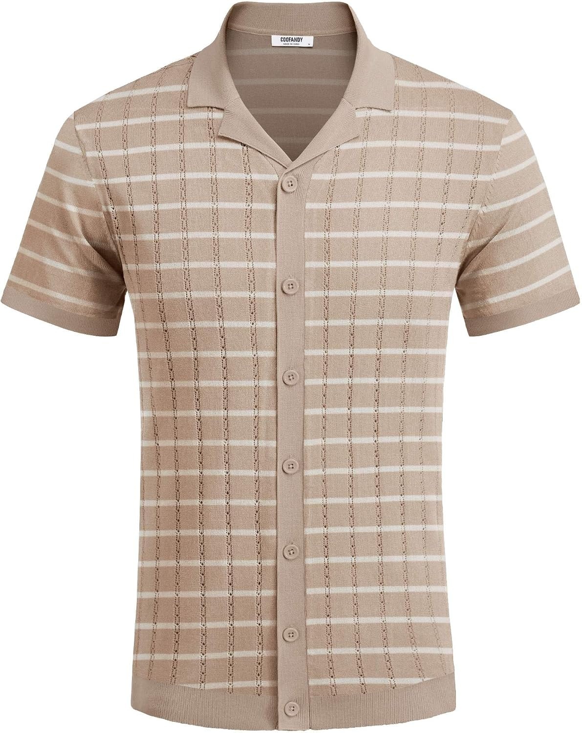 image:imageCOOFANDY Mens Short Sleeve Knit Shirt Casual Button Down Shirt Vintage Striped Knitted Golf Beach TopsTz389