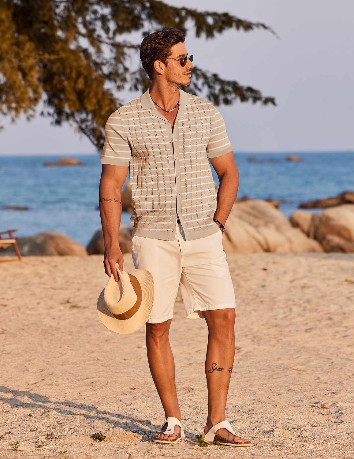 image:imageCOOFANDY Mens Short Sleeve Knit Shirt Casual Button Down Shirt Vintage Striped Knitted Golf Beach TopsTz389