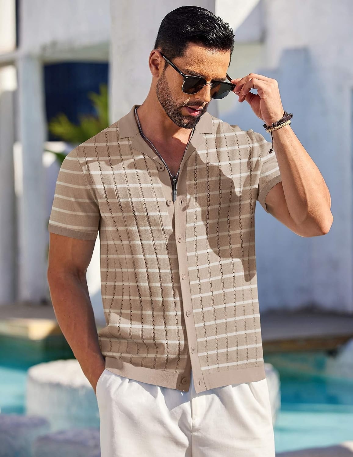 image:imageCOOFANDY Mens Short Sleeve Knit Shirt Casual Button Down Shirt Vintage Striped Knitted Golf Beach TopsTz389