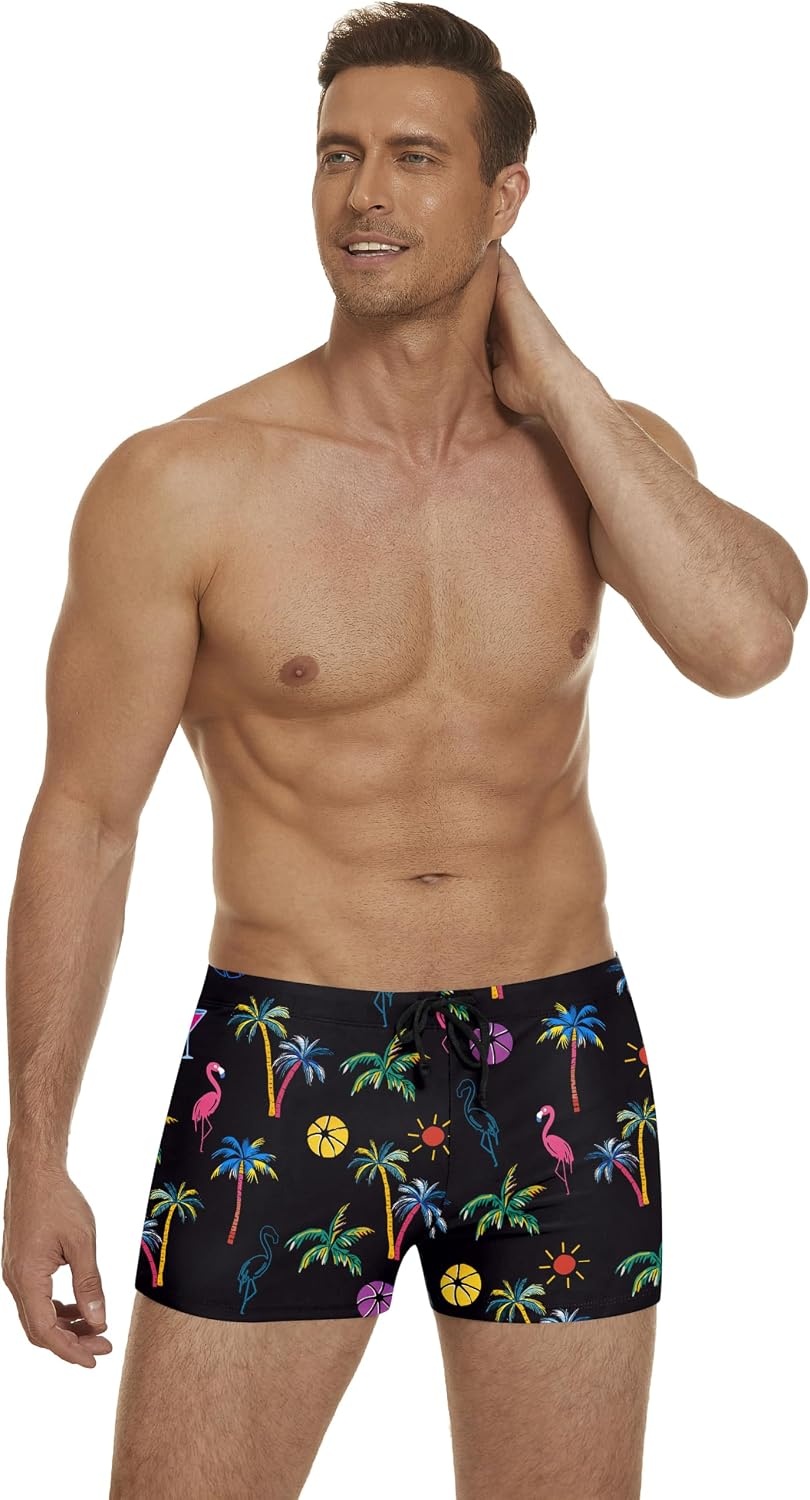 image:imageCOOFANDY Mens Square Leg Swim Briefs Athletic Quick Dry Bathing Suit Square Leg Board Short for MenFlamingo Coconut Trees