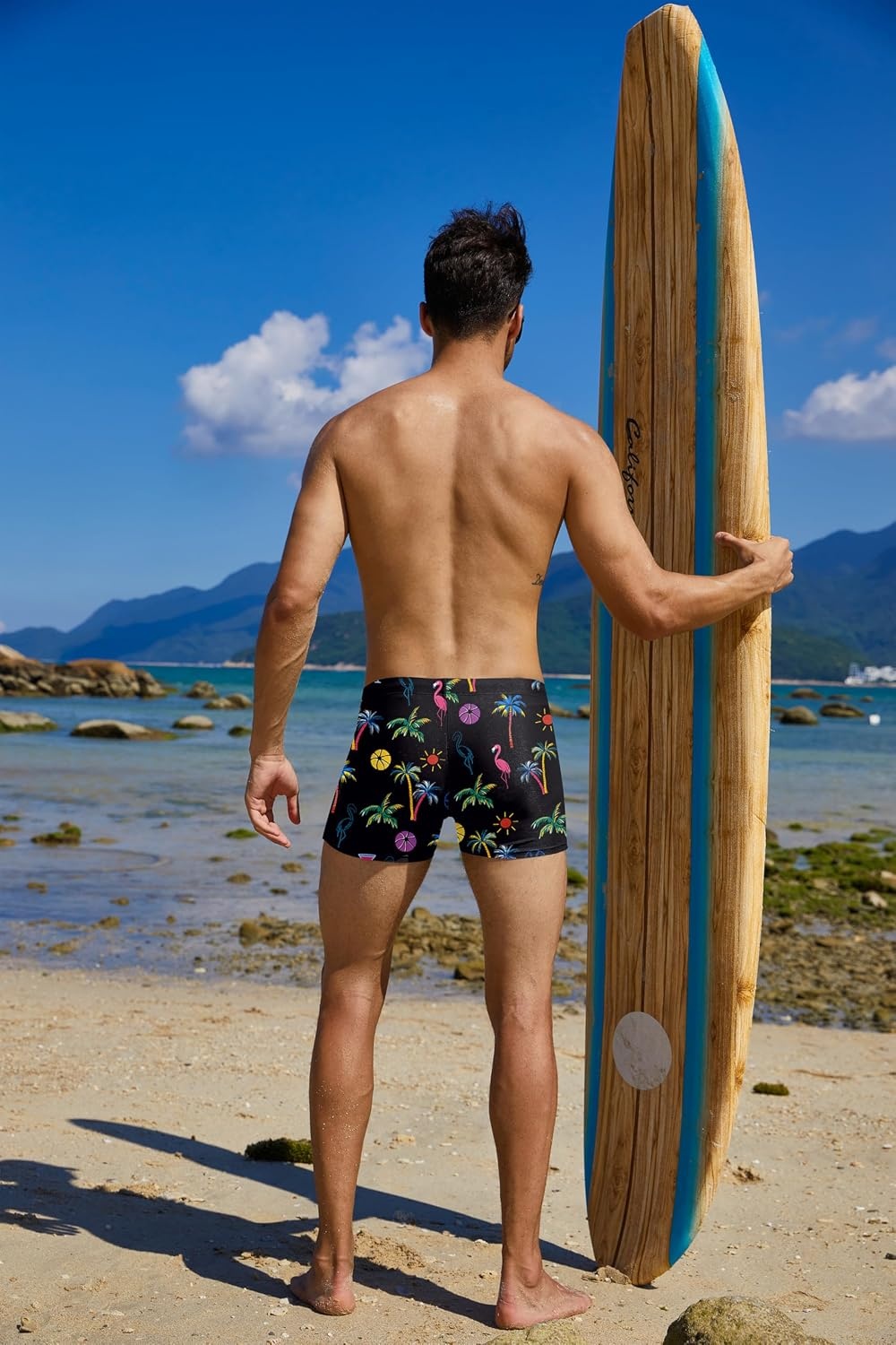 image:imageCOOFANDY Mens Square Leg Swim Briefs Athletic Quick Dry Bathing Suit Square Leg Board Short for MenFlamingo Coconut Trees
