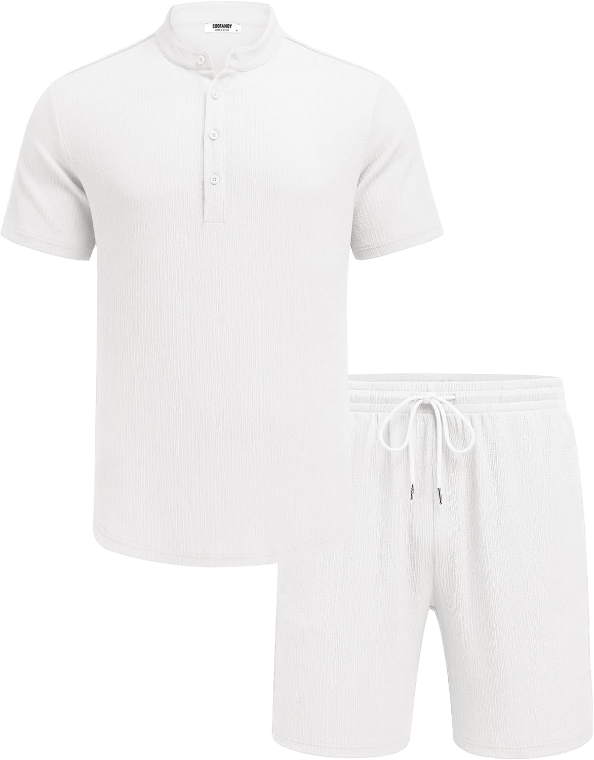 image:imageCOOFANDY Mens Summer Beach Outfits 2 Piece Casual Textured Henley Shirt and Shorts SetAwhite